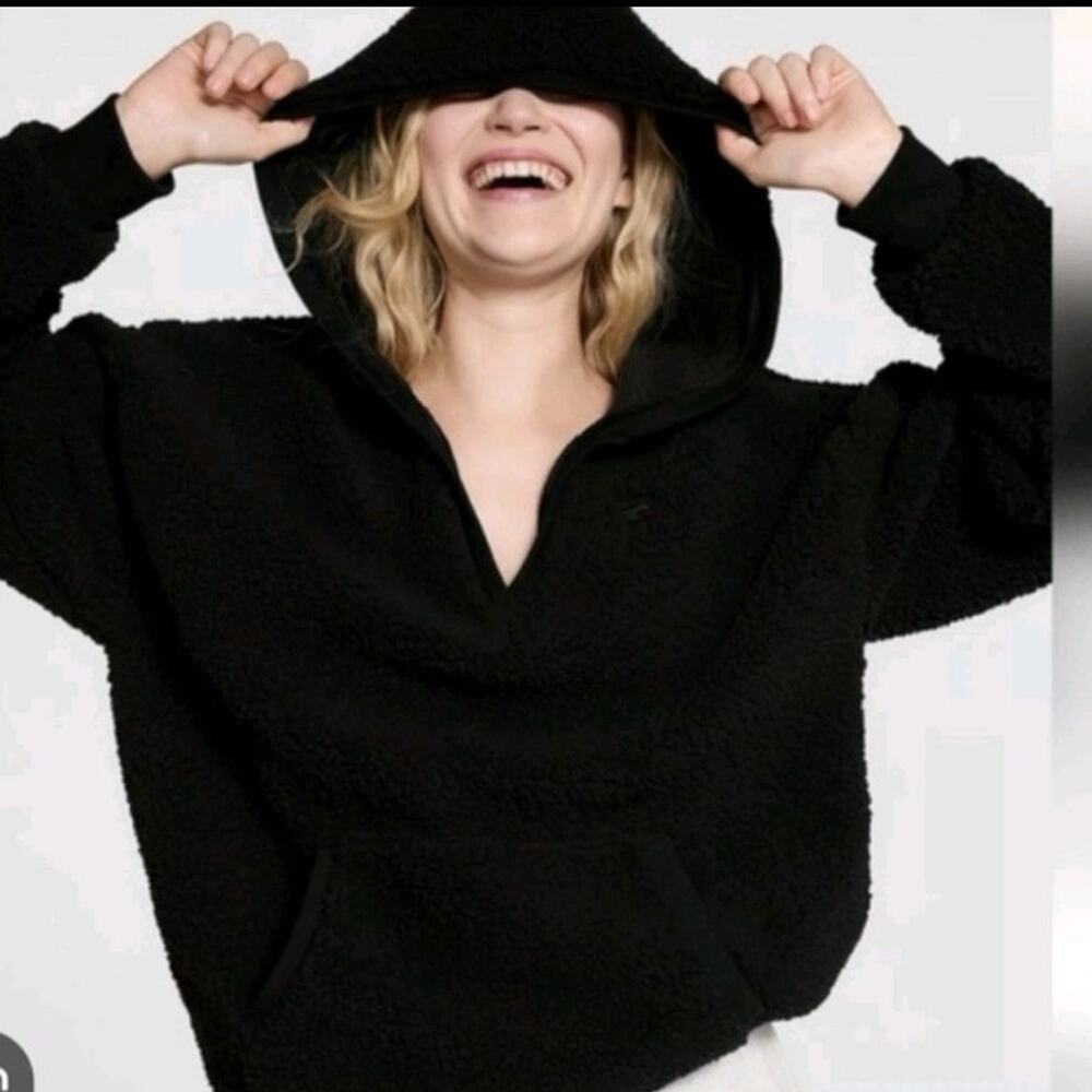 Victoria’s Secret PINK Cozy Hoodie Pullover Sherpa Hot Black sz XS MSRP $79